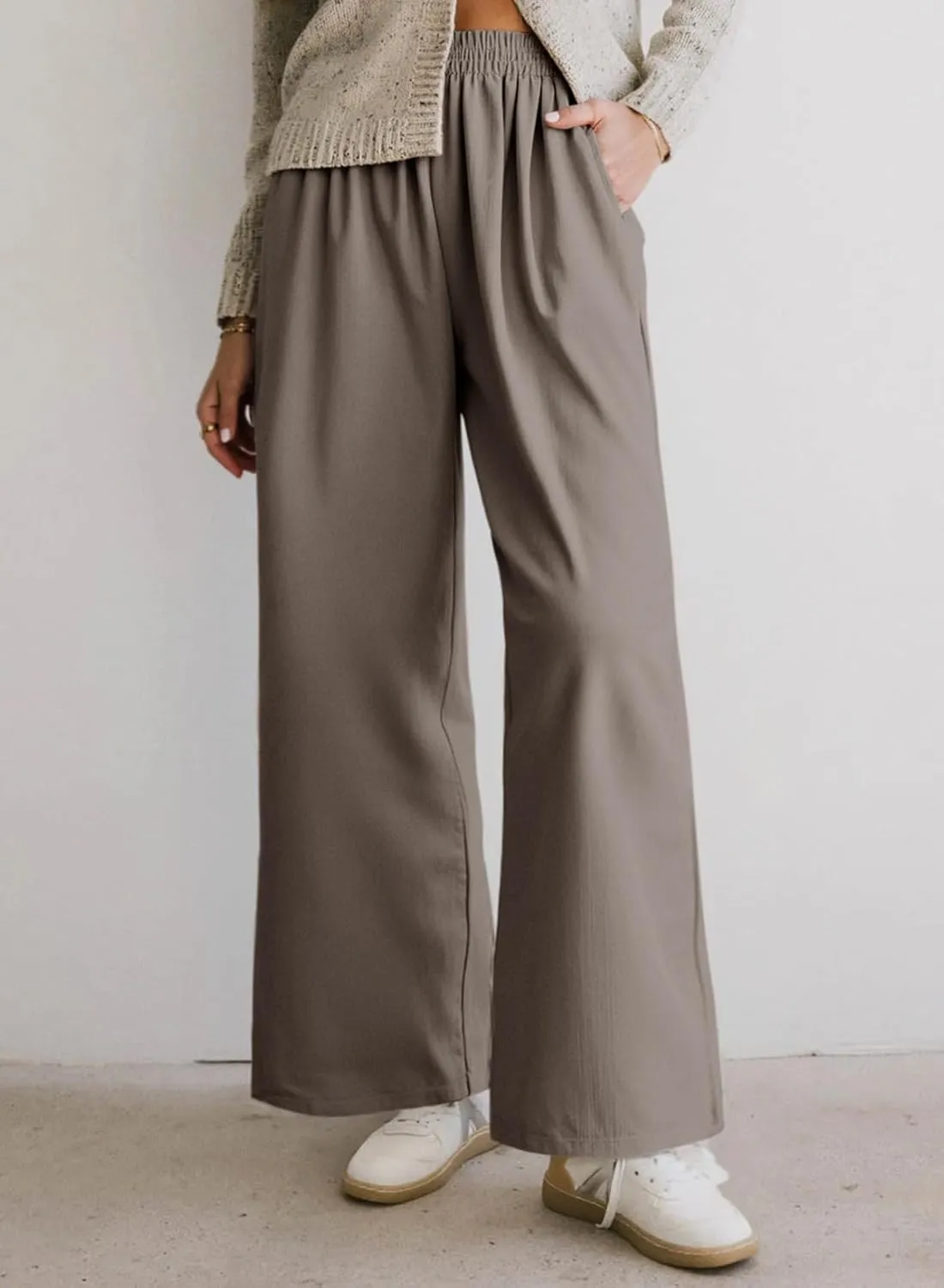 Dokotoo Women's Elastic Waist Wide Leg Pants Baggy Casual Stretch Palazzo Pants with Pockets