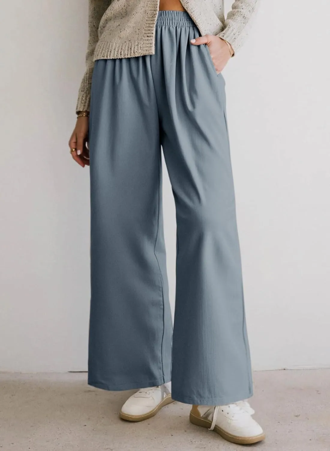 Dokotoo Women's Elastic Waist Wide Leg Pants Baggy Casual Stretch Palazzo Pants with Pockets