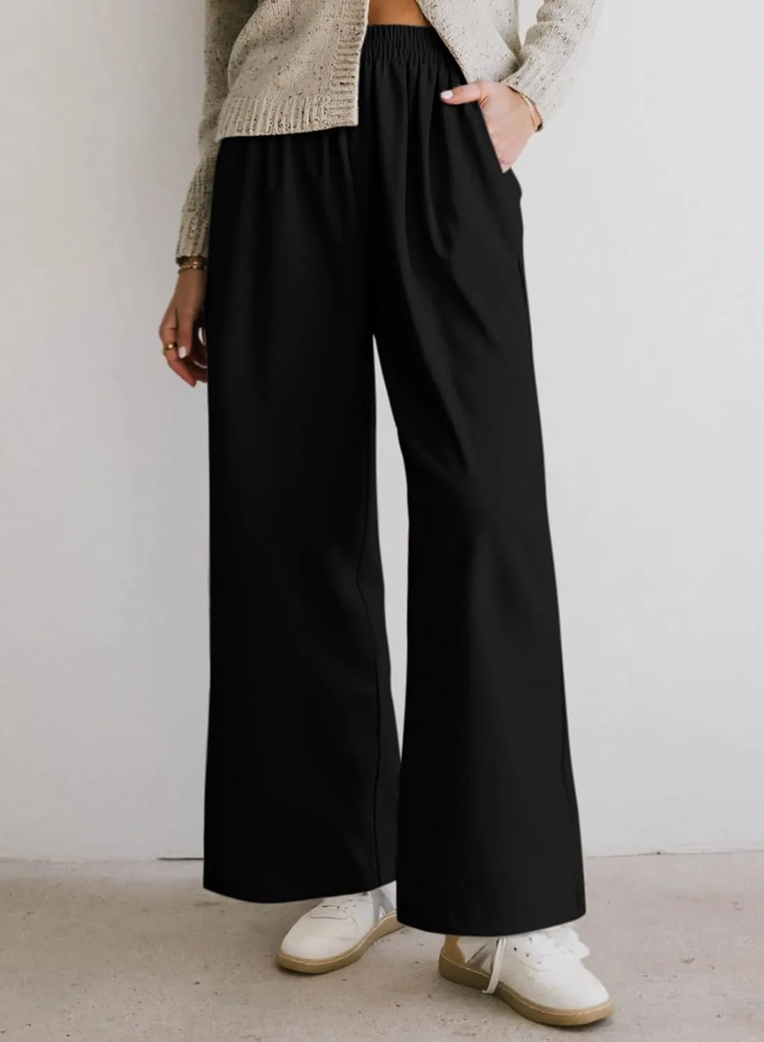 Dokotoo Women's Elastic Waist Wide Leg Pants Baggy Casual Stretch Palazzo Pants with Pockets
