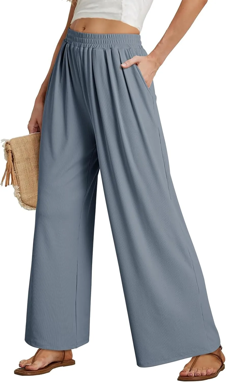 Dokotoo Women's Elastic Waist Wide Leg Pants Baggy Casual Stretch Palazzo Pants with Pockets