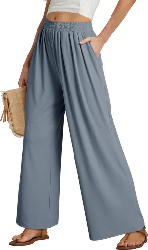 Dokotoo Women's Elastic Waist Wide Leg Pants Baggy Casual Stretch Palazzo Pants with Pockets