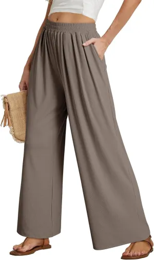 Dokotoo Women's Elastic Waist Wide Leg Pants Baggy Casual Stretch Palazzo Pants with Pockets