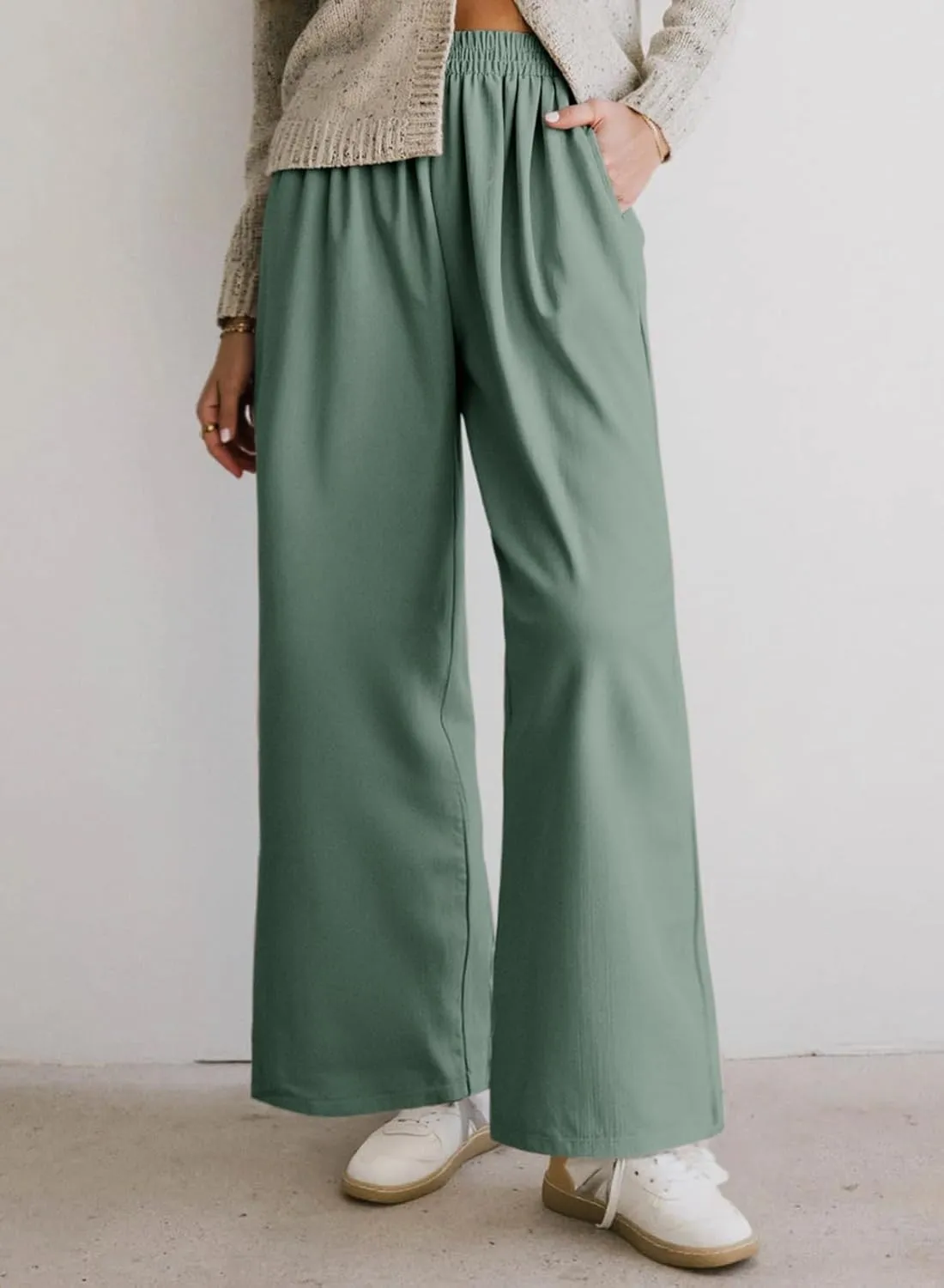 Dokotoo Women's Elastic Waist Wide Leg Pants Baggy Casual Stretch Palazzo Pants with Pockets