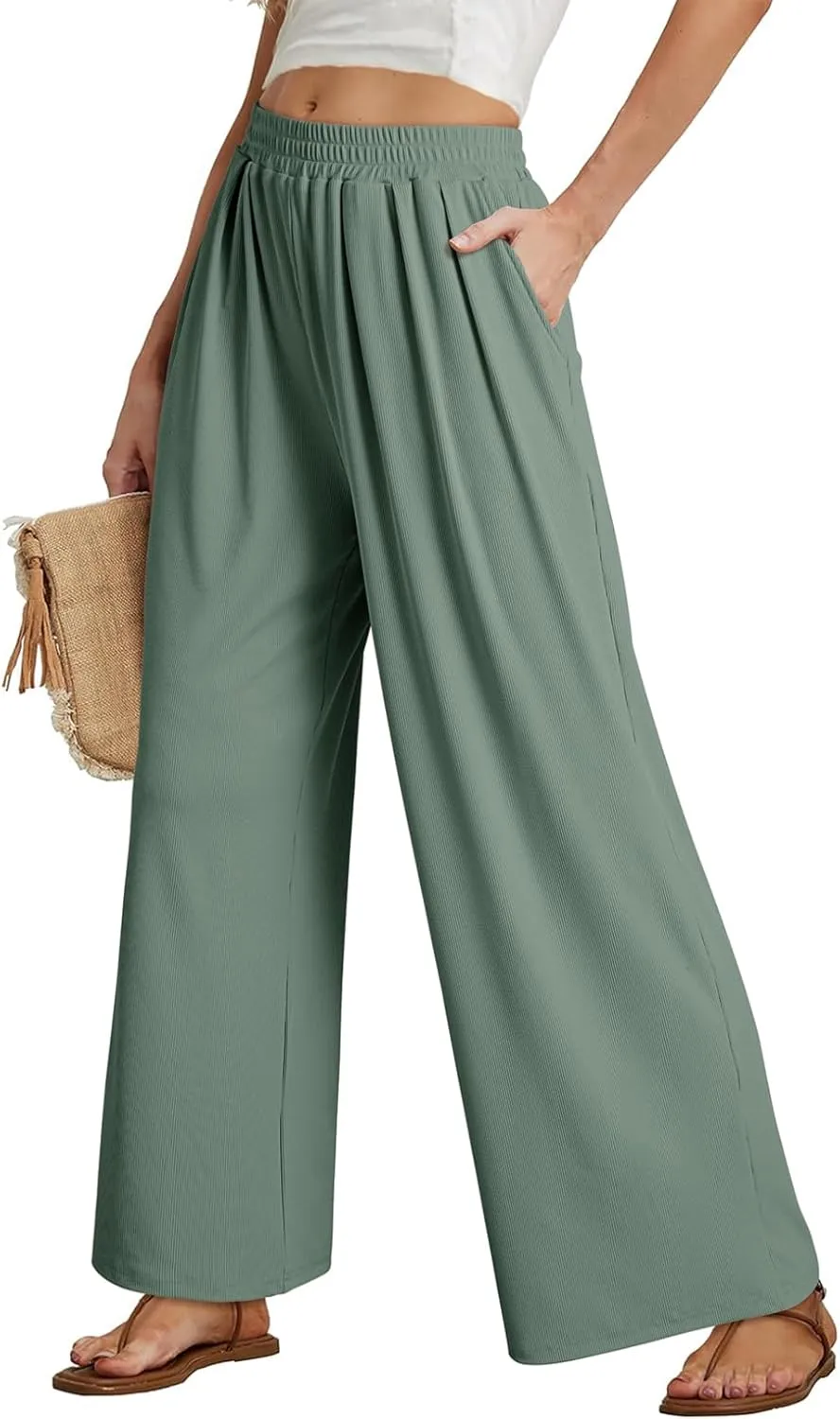 Dokotoo Women's Elastic Waist Wide Leg Pants Baggy Casual Stretch Palazzo Pants with Pockets