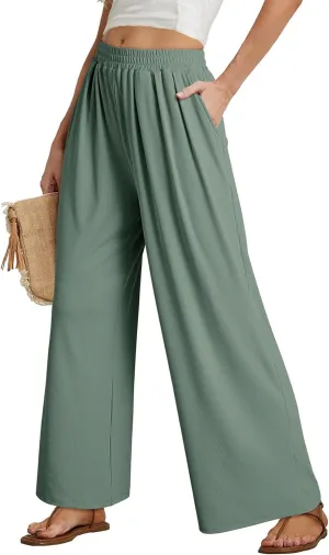 Dokotoo Women's Elastic Waist Wide Leg Pants Baggy Casual Stretch Palazzo Pants with Pockets