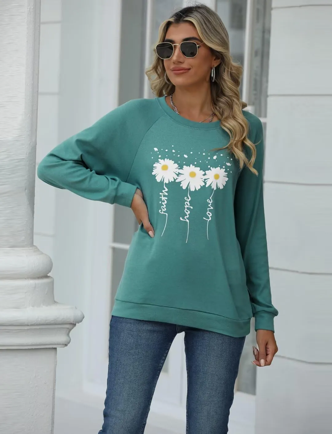 EADINVE Women Crewneck Daisy Print Long Sleeve Sweatshirts Faith-Hope-Love Graphic Tops Casual Loose Fit Pullover Shirts