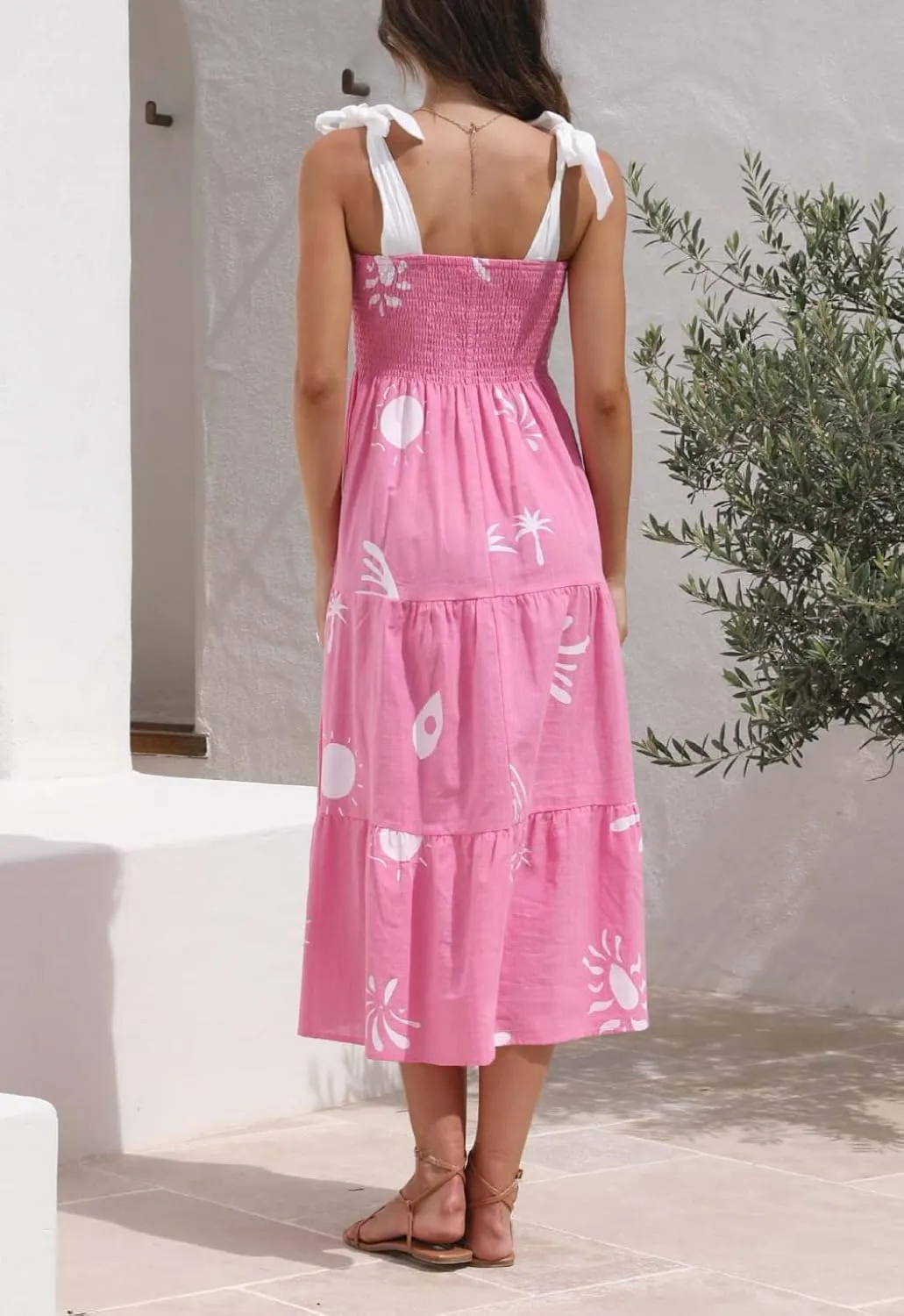 ebossy Women's Cute Graphic Tied Smocked Boho Midi Dress Casual Y2K Spaghetti Strap Swing Ruffled Tiered Summer Sundress