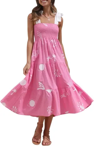 ebossy Women's Cute Graphic Tied Smocked Boho Midi Dress Casual Y2K Spaghetti Strap Swing Ruffled Tiered Summer Sundress