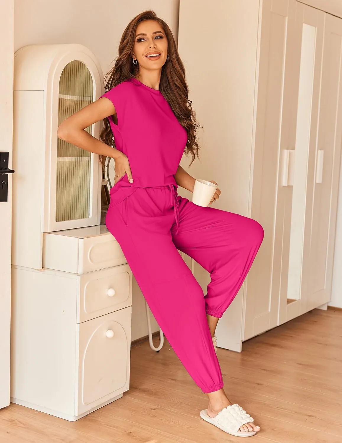 Ekouaer Pajamas for Women 2 Piece Lounge Sets Cap Sleeve Loungewear Top with Joggers Pants S-XXL