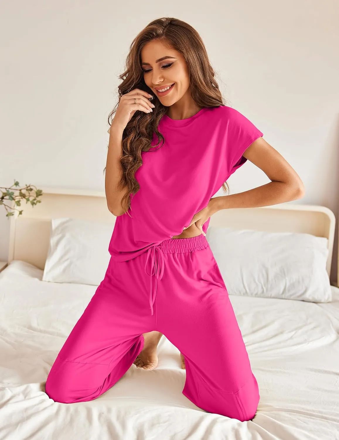 Ekouaer Pajamas for Women 2 Piece Lounge Sets Cap Sleeve Loungewear Top with Joggers Pants S-XXL