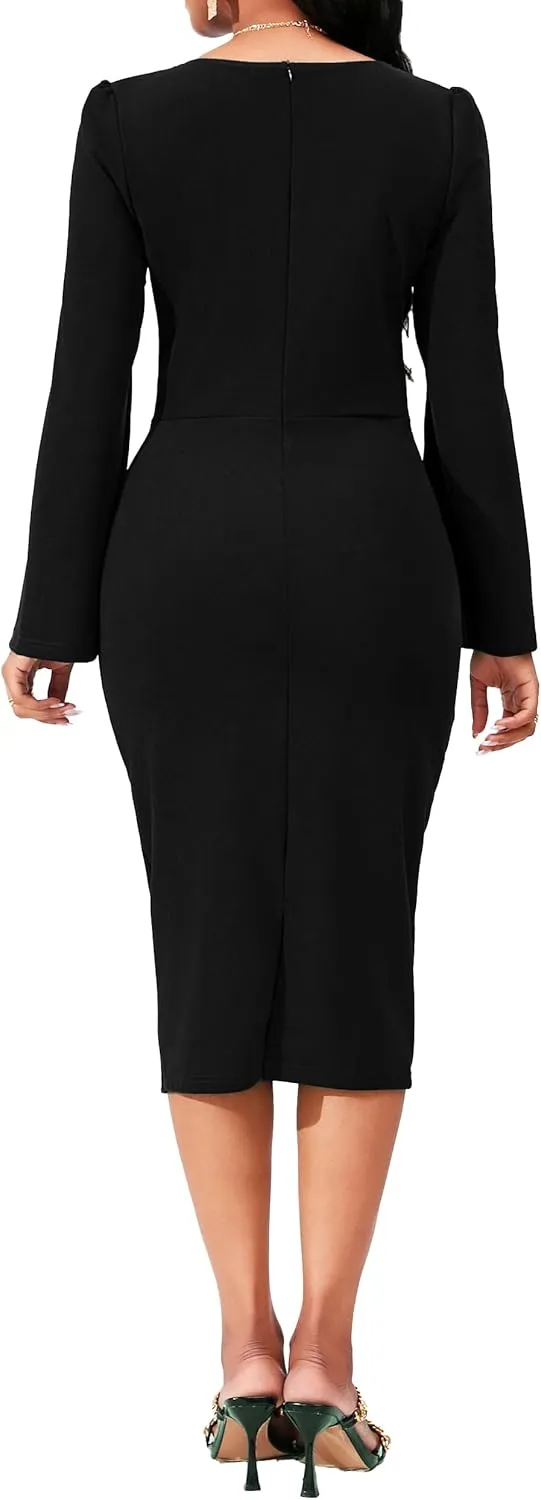 Elegant Dresses for Women Sexy Church Long Ruffles Sleeve Business Pencil Vintage Peplum Dress Wear to Work