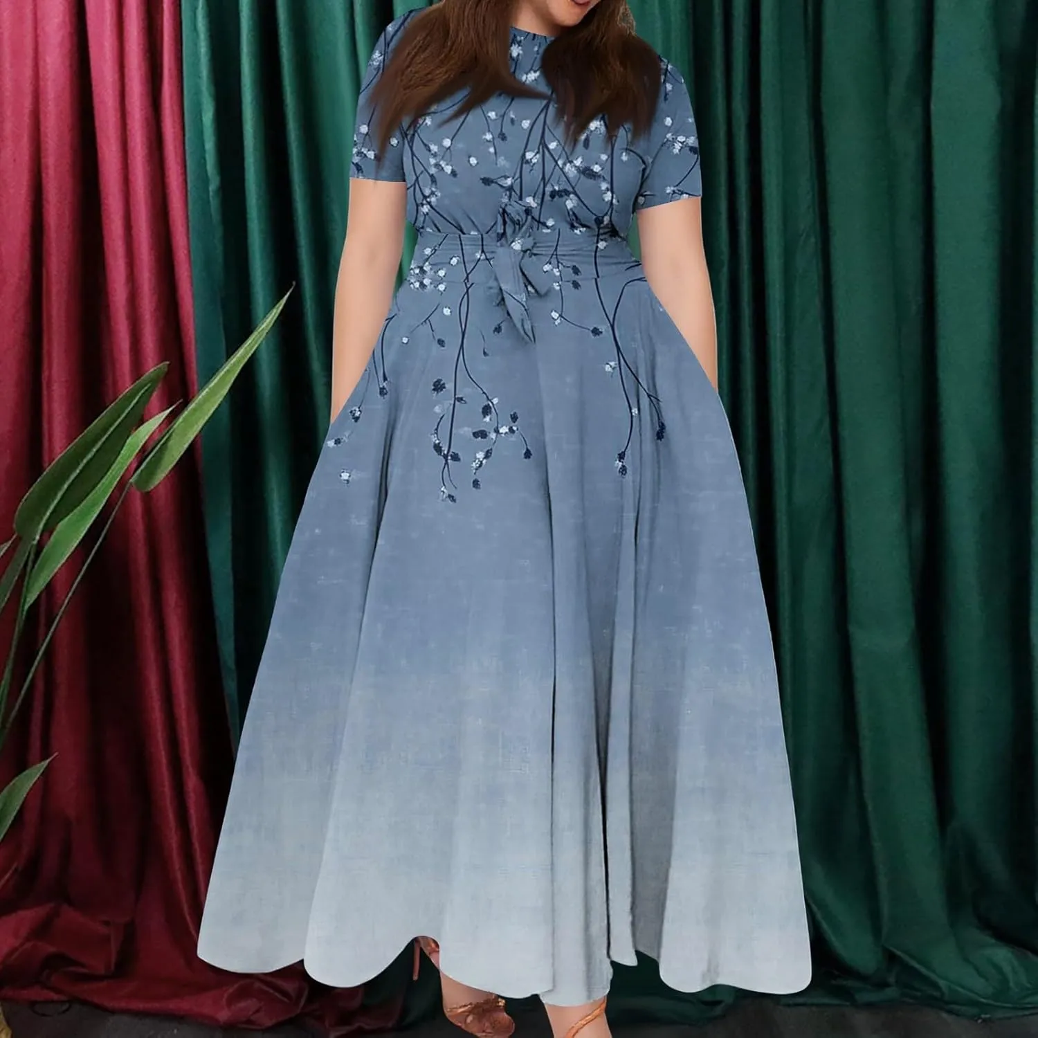 Elegant Women's Floral Embroidered Maxi Dress with Short Sleeves and Belt Summer Beach Swing Dress