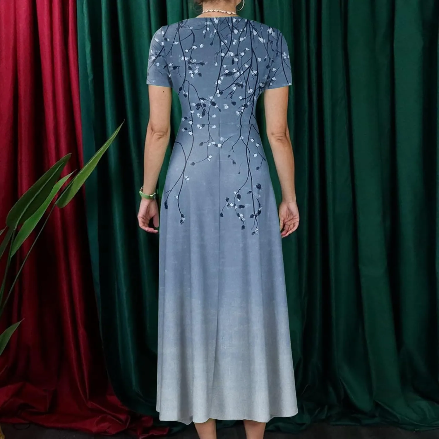 Elegant Women's Floral Embroidered Maxi Dress with Short Sleeves and Belt Summer Beach Swing Dress