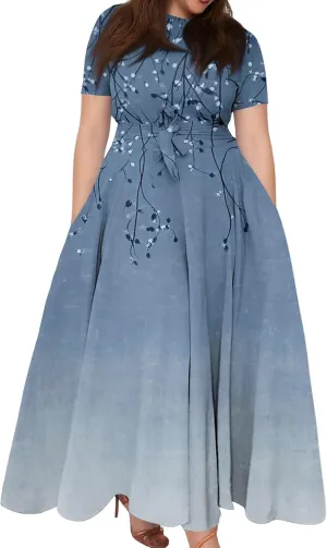 Elegant Women's Floral Embroidered Maxi Dress with Short Sleeves and Belt Summer Beach Swing Dress