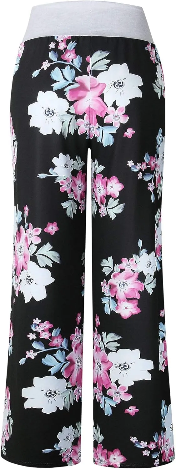 Elsofer Women's Pajama Lounge Pants Floral Print Comfy Casual Stretch Palazzo Drawstring Pj Bottoms Pants Wide Leg