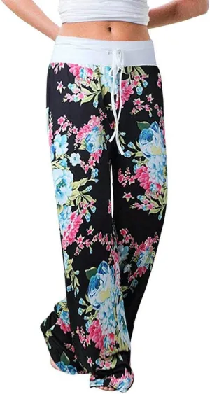Elsofer Women's Pajama Lounge Pants Floral Print Comfy Casual Stretch Palazzo Drawstring Pj Bottoms Pants Wide Leg