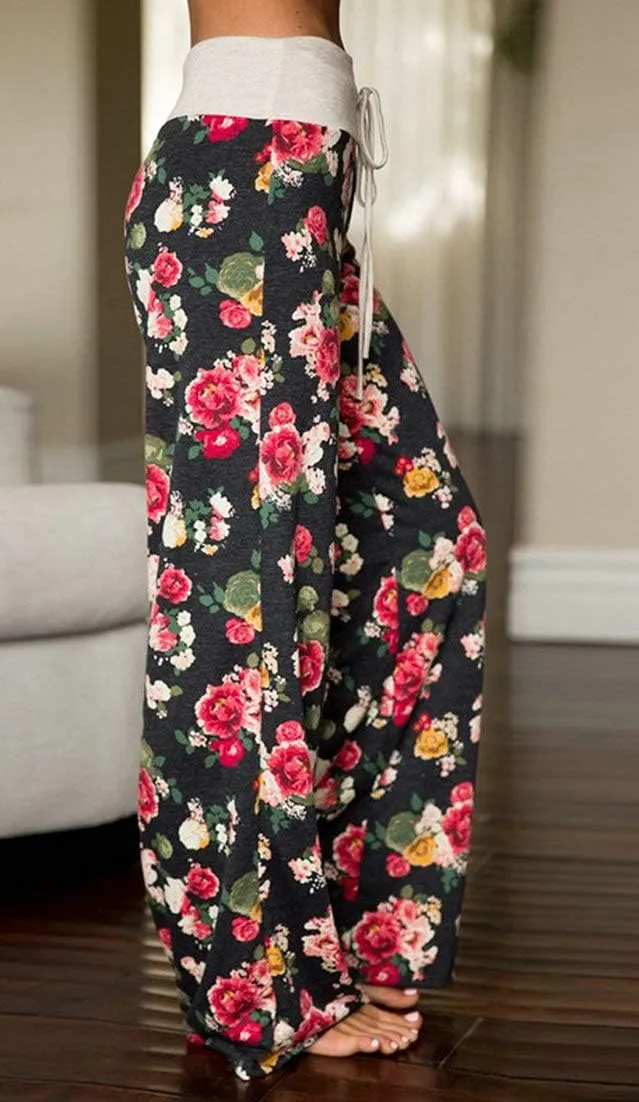 Elsofer Women's Pajama Lounge Pants Floral Print Comfy Casual Stretch Palazzo Drawstring Pj Bottoms Pants Wide Leg