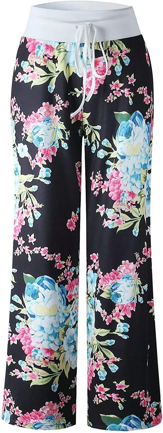 Elsofer Women's Pajama Lounge Pants Floral Print Comfy Casual Stretch Palazzo Drawstring Pj Bottoms Pants Wide Leg