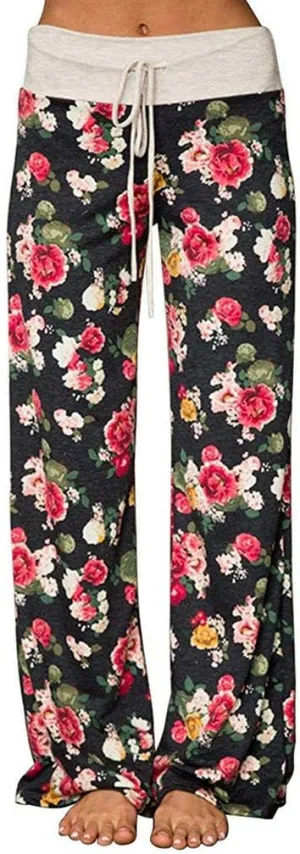 Elsofer Women's Pajama Lounge Pants Floral Print Comfy Casual Stretch Palazzo Drawstring Pj Bottoms Pants Wide Leg