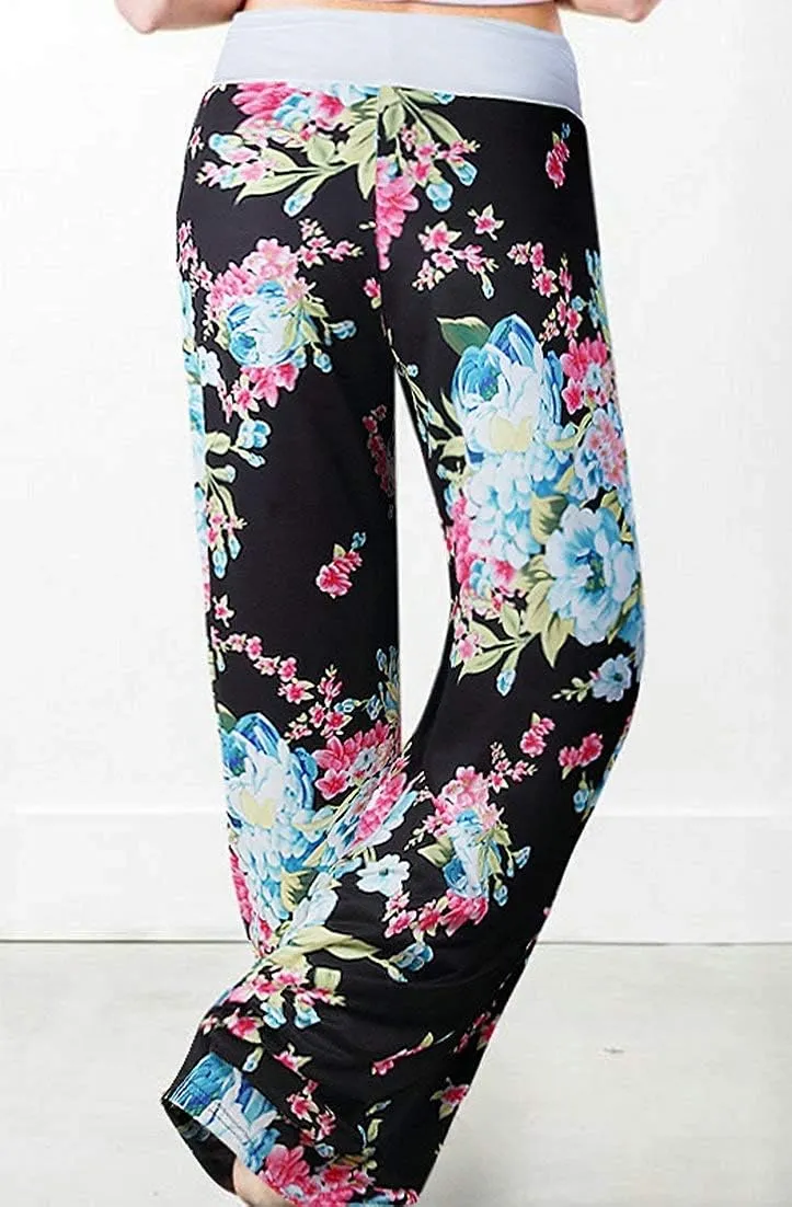 Elsofer Women's Pajama Lounge Pants Floral Print Comfy Casual Stretch Palazzo Drawstring Pj Bottoms Pants Wide Leg