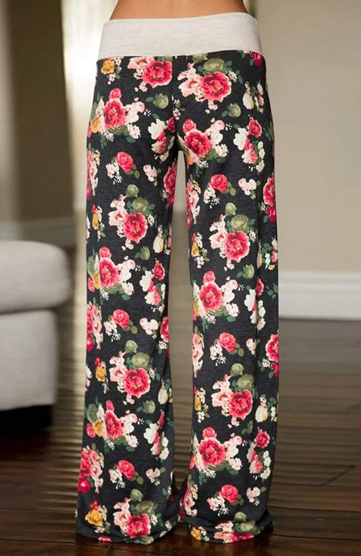 Elsofer Women's Pajama Lounge Pants Floral Print Comfy Casual Stretch Palazzo Drawstring Pj Bottoms Pants Wide Leg
