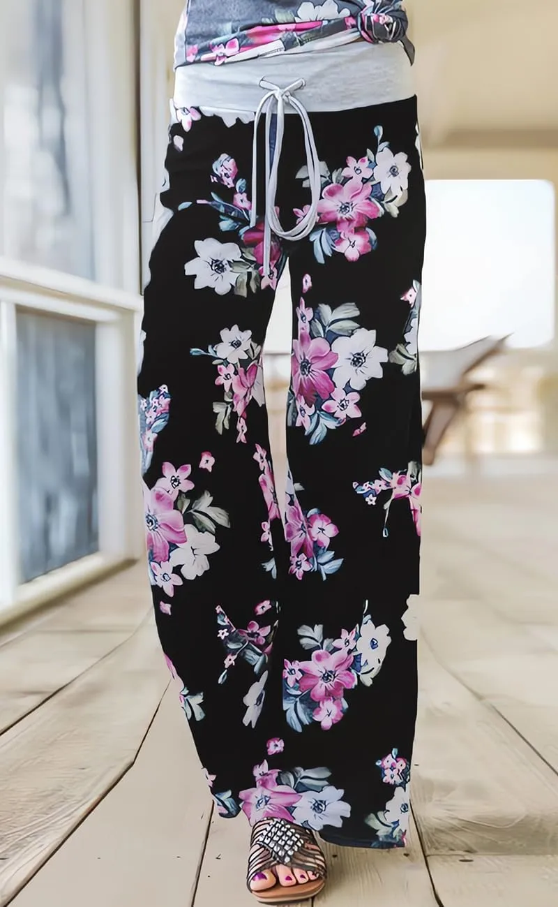 Elsofer Women's Pajama Lounge Pants Floral Print Comfy Casual Stretch Palazzo Drawstring Pj Bottoms Pants Wide Leg