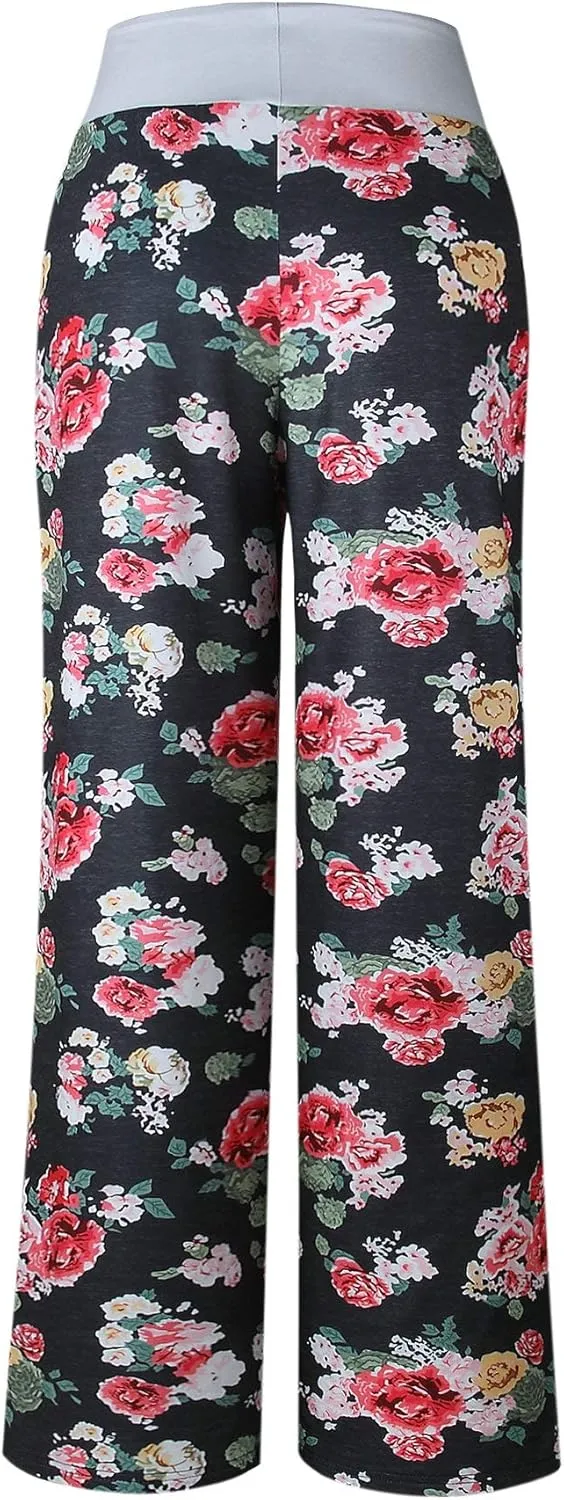 Elsofer Women's Pajama Lounge Pants Floral Print Comfy Casual Stretch Palazzo Drawstring Pj Bottoms Pants Wide Leg