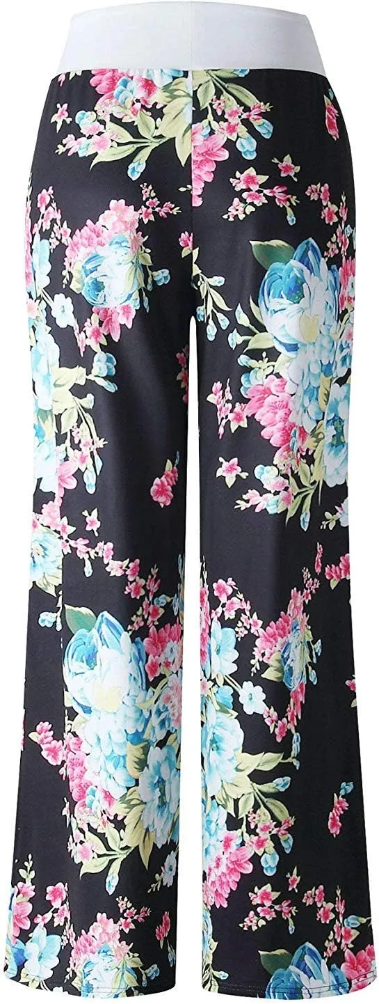 Elsofer Women's Pajama Lounge Pants Floral Print Comfy Casual Stretch Palazzo Drawstring Pj Bottoms Pants Wide Leg