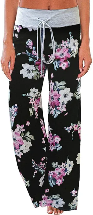 Elsofer Women's Pajama Lounge Pants Floral Print Comfy Casual Stretch Palazzo Drawstring Pj Bottoms Pants Wide Leg