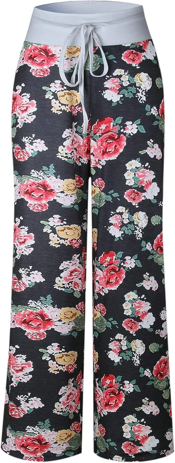 Elsofer Women's Pajama Lounge Pants Floral Print Comfy Casual Stretch Palazzo Drawstring Pj Bottoms Pants Wide Leg