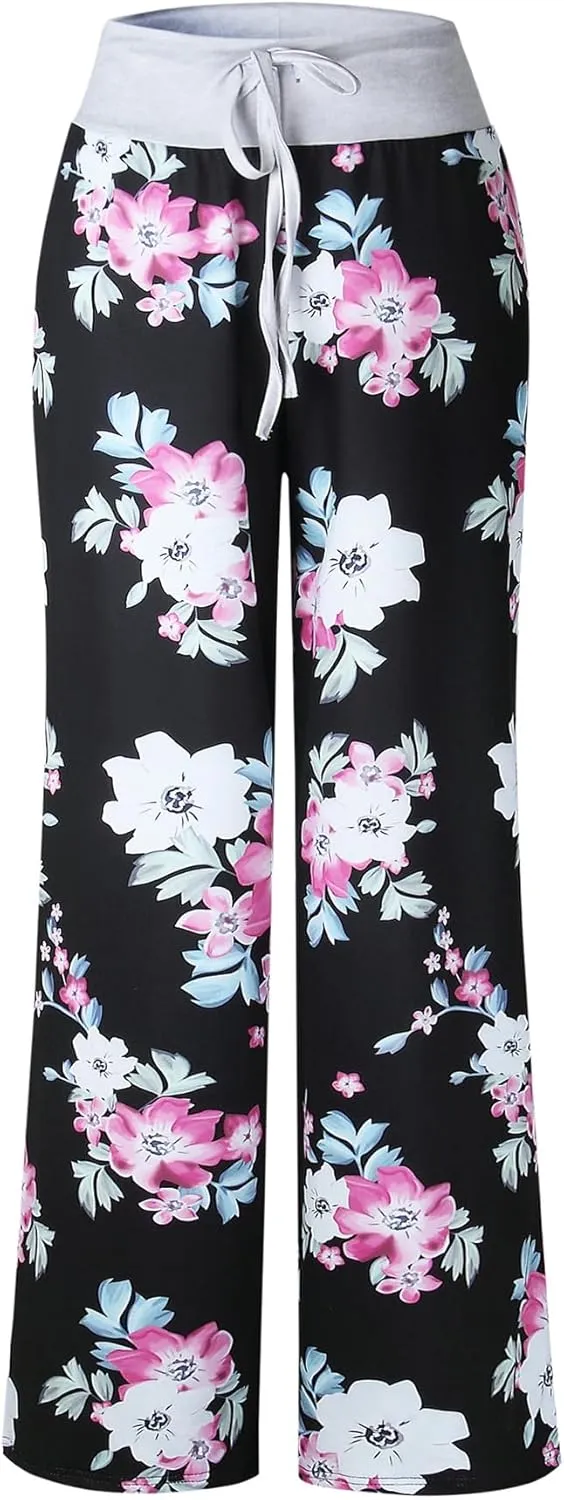 Elsofer Women's Pajama Lounge Pants Floral Print Comfy Casual Stretch Palazzo Drawstring Pj Bottoms Pants Wide Leg
