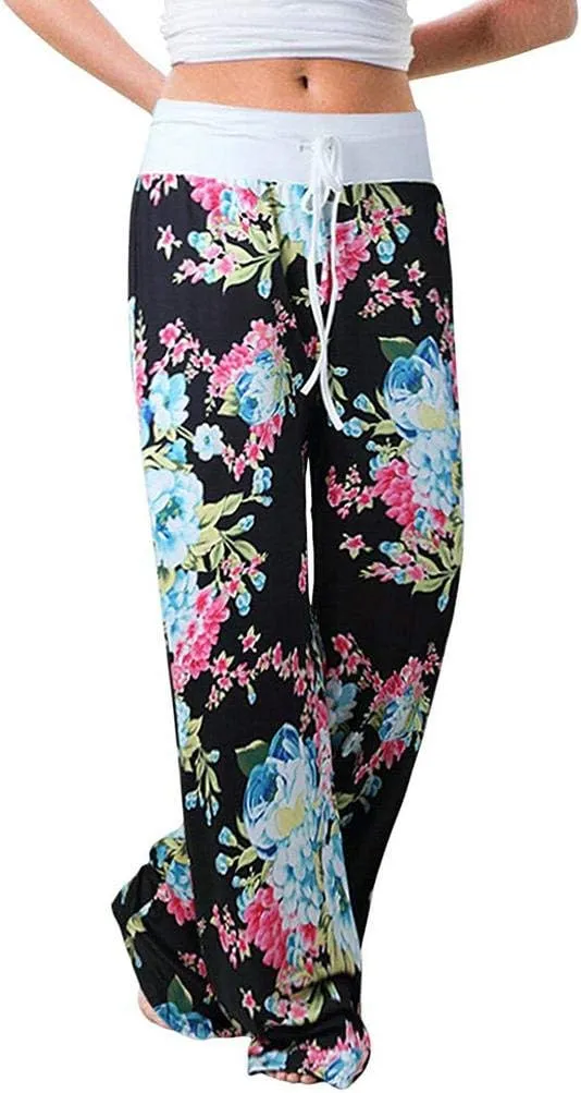 Elsofer Women's Pajama Lounge Pants Floral Print Comfy Casual Stretch Palazzo Drawstring Pj Bottoms Pants Wide Leg