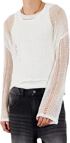 Evankin Men's Long Sleeve T-shirt Hollowed out Semi See Through Top Elastic Loose Knit Sweater Base Layer Bottom Underwear