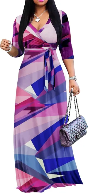 FANDEE Plus Size Maxi Dress for Women Casual Summer Sundress V-Neck 3/4 Sleeve