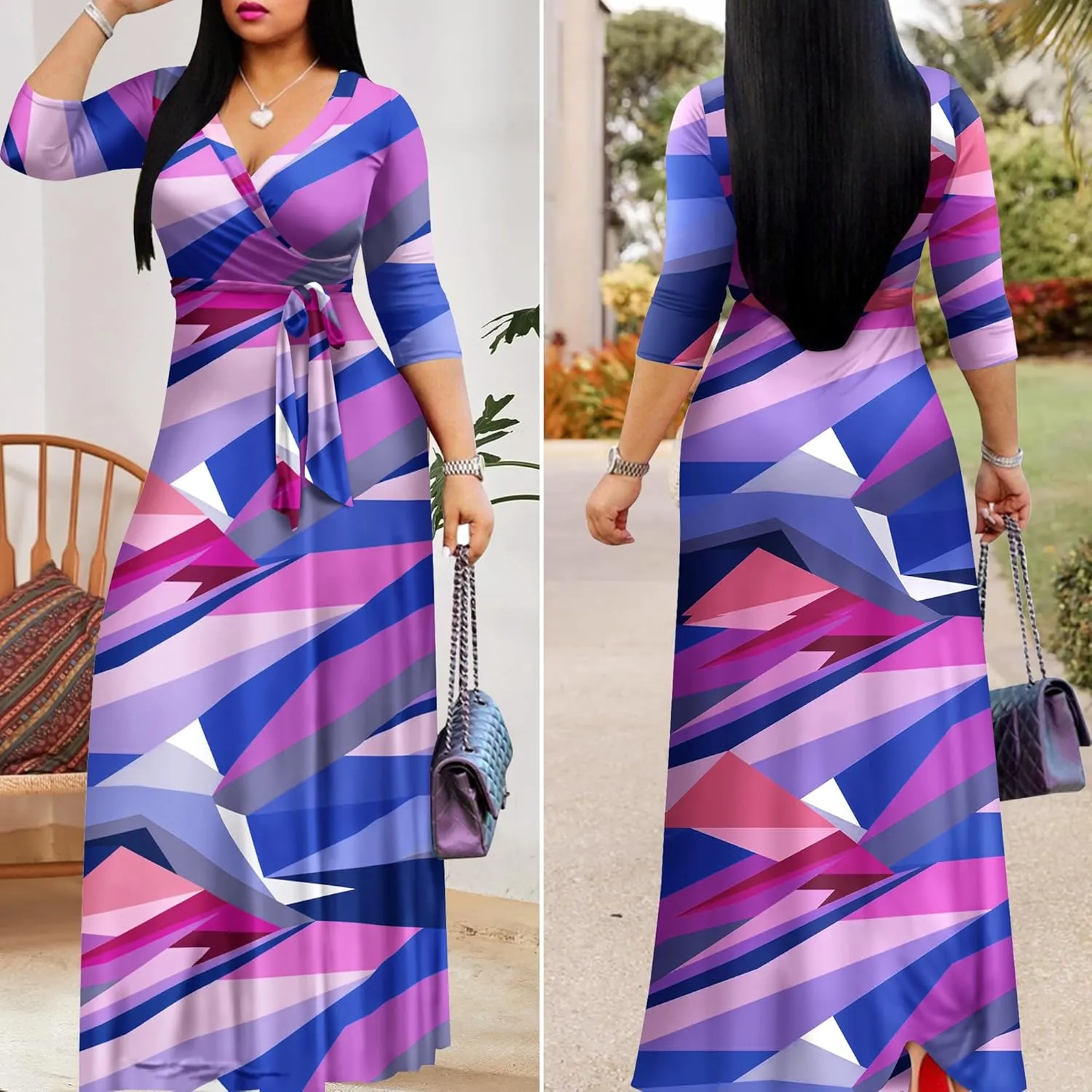 FANDEE Plus Size Maxi Dress for Women Casual Summer Sundress V-Neck 3/4 Sleeve