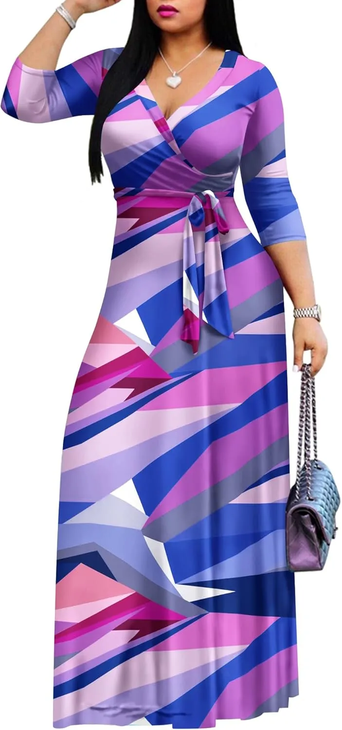 FANDEE Plus Size Maxi Dress for Women Casual Summer Sundress V-Neck 3/4 Sleeve