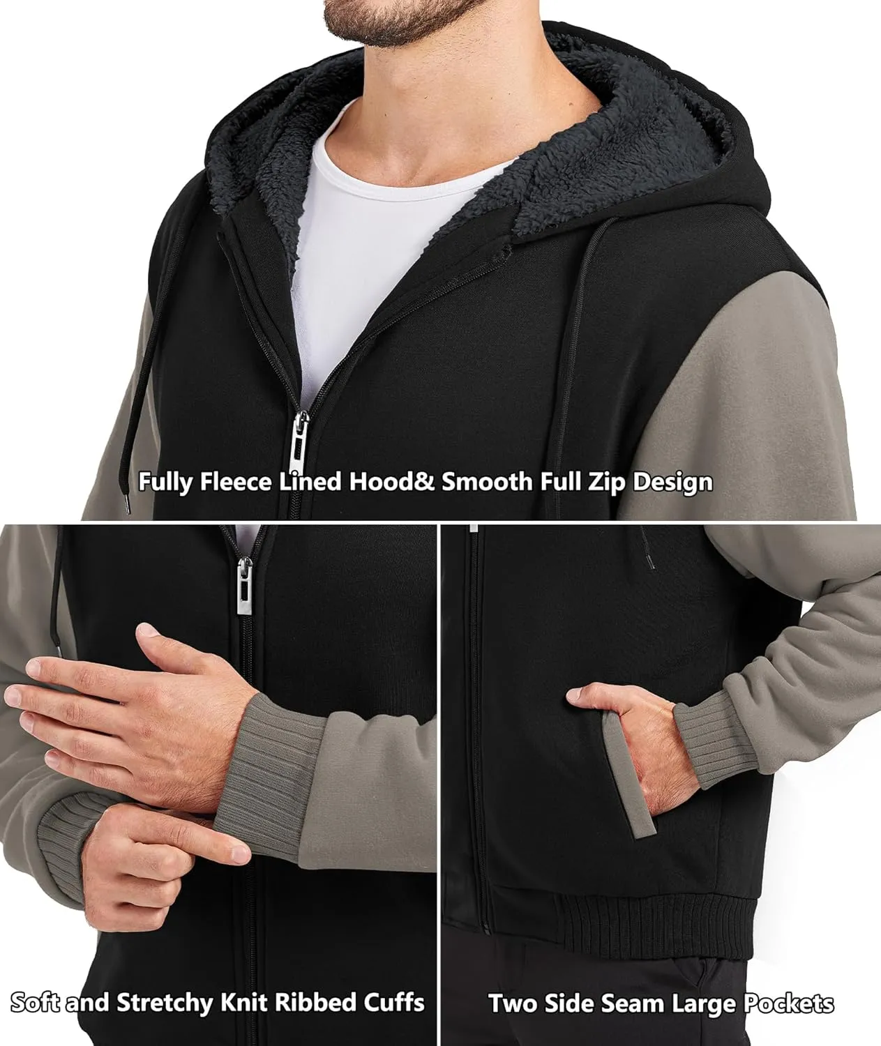 GEEK LIGHTING Mens Fleece-Lined Zip Up Hoodie, Thick Hooded Jacket Winter Warm Athletic Sweatshirt