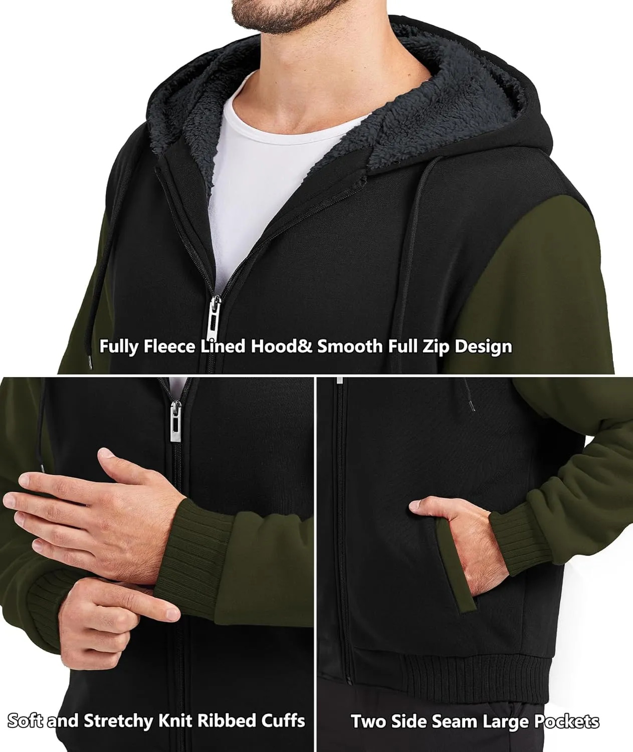 GEEK LIGHTING Mens Fleece-Lined Zip Up Hoodie, Thick Hooded Jacket Winter Warm Athletic Sweatshirt