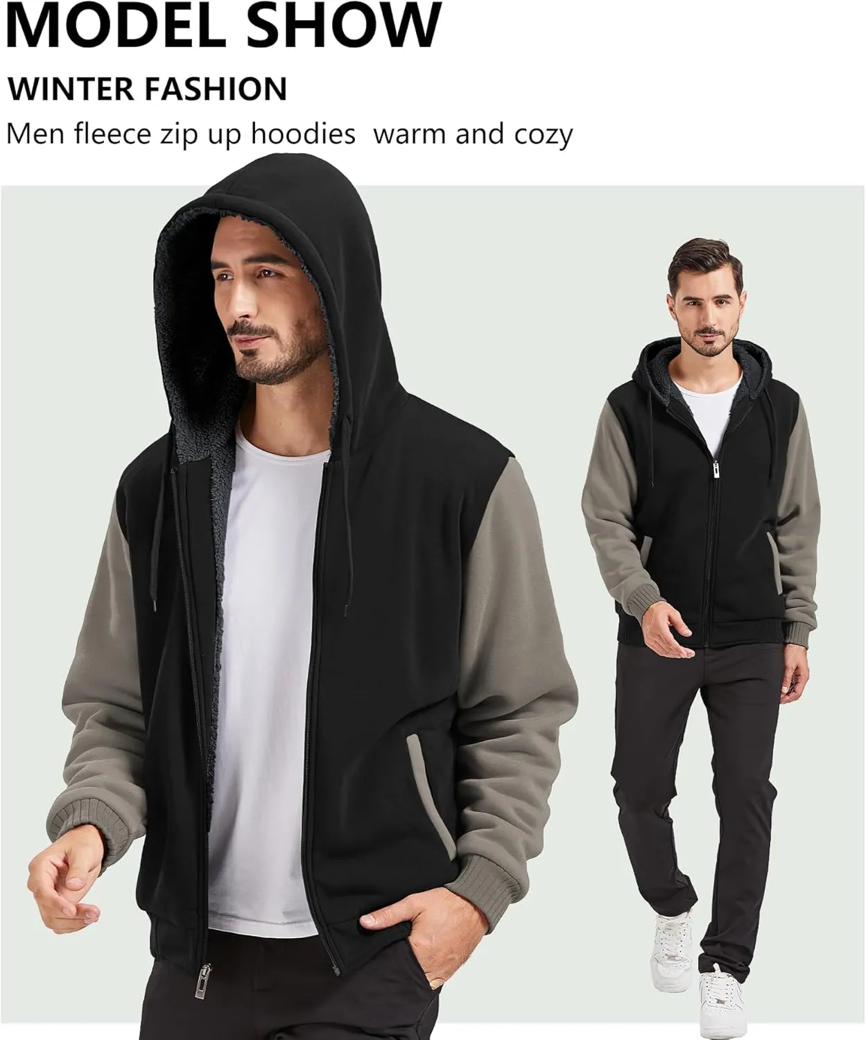 GEEK LIGHTING Mens Fleece-Lined Zip Up Hoodie, Thick Hooded Jacket Winter Warm Athletic Sweatshirt