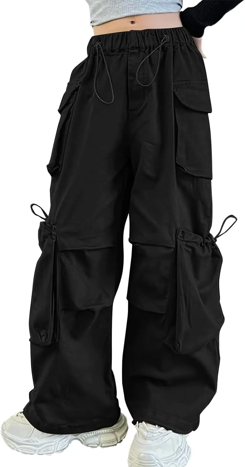 Girls Vintage Multiple Pockets Cargo Pants Wide-Leg Casual Straight Streetwear, 6-14 Years
