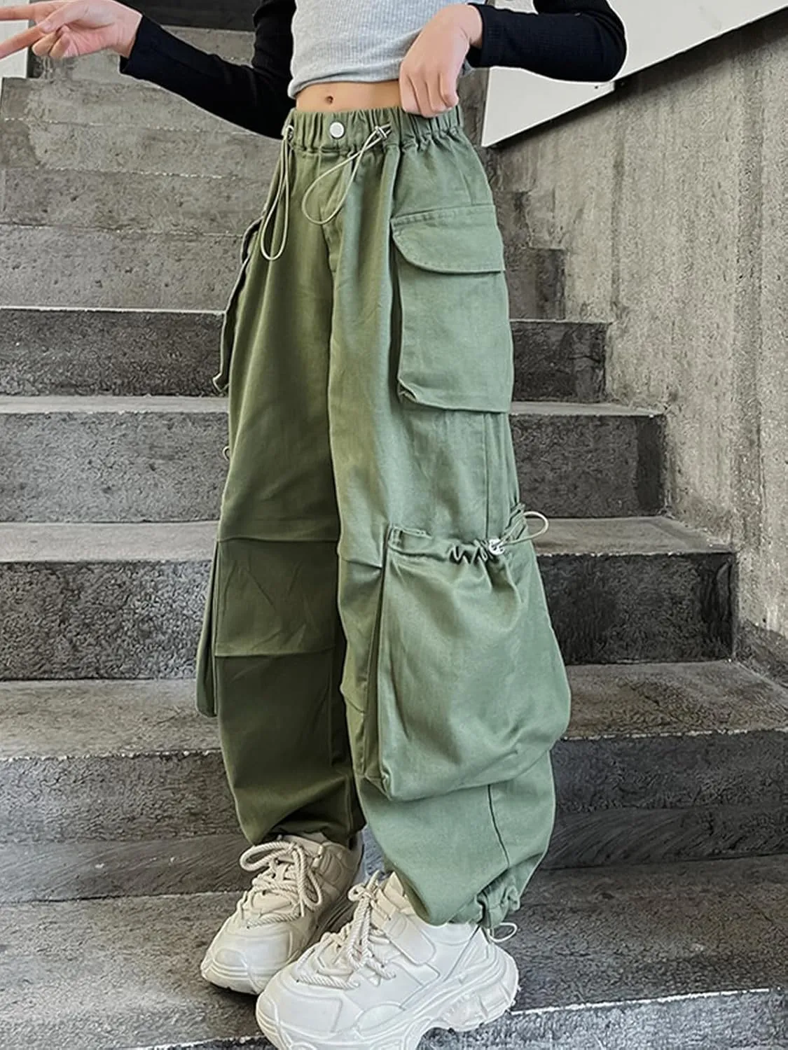 Girls Vintage Multiple Pockets Cargo Pants Wide-Leg Casual Straight Streetwear, 6-14 Years