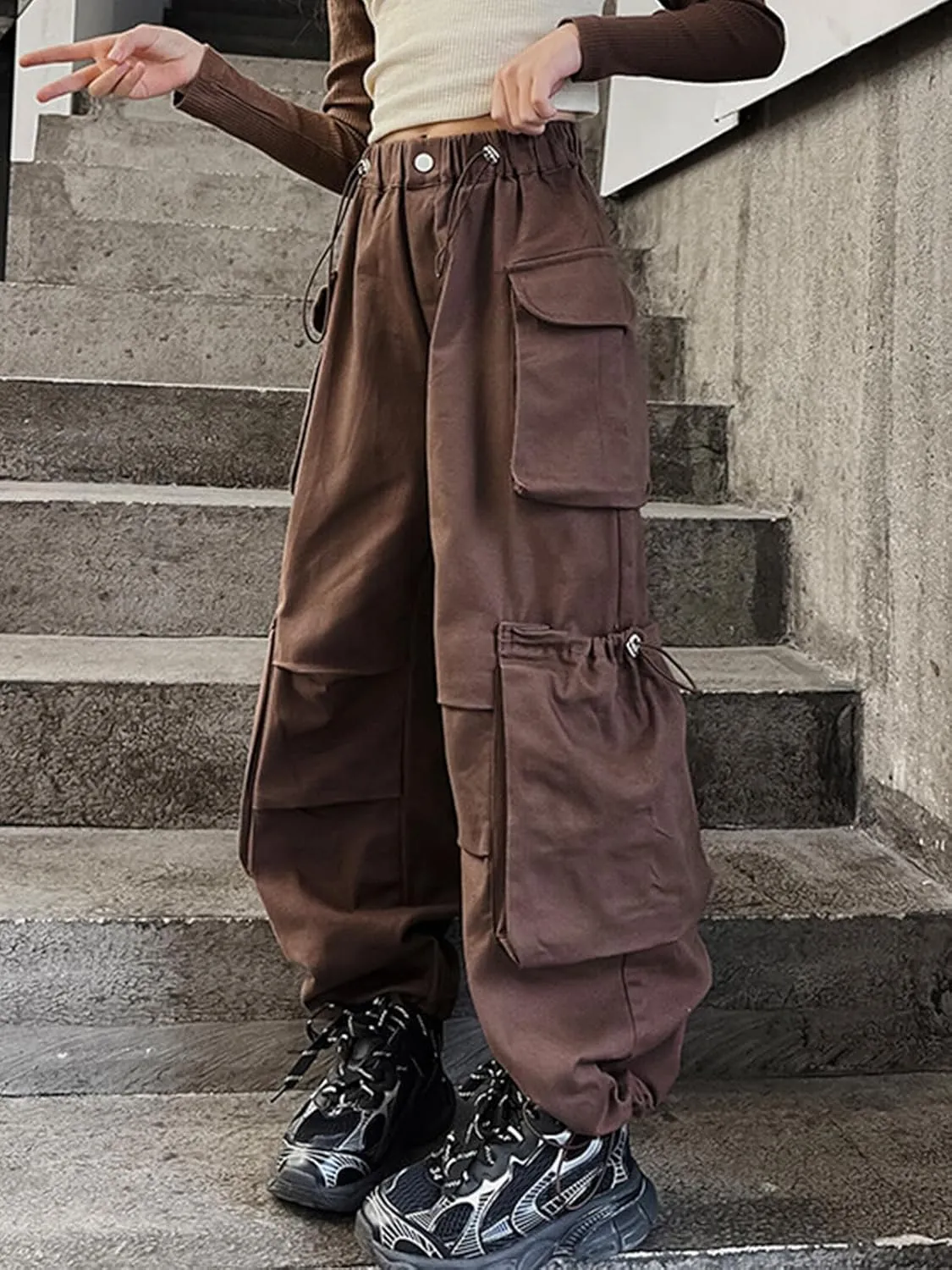 Girls Vintage Multiple Pockets Cargo Pants Wide-Leg Casual Straight Streetwear, 6-14 Years