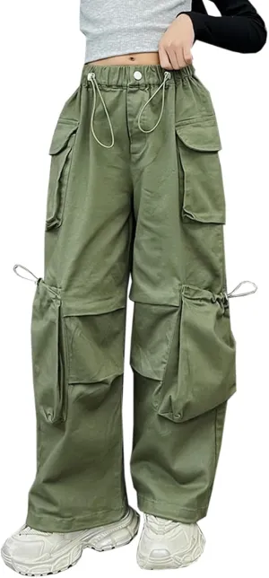 Girls Vintage Multiple Pockets Cargo Pants Wide-Leg Casual Straight Streetwear, 6-14 Years