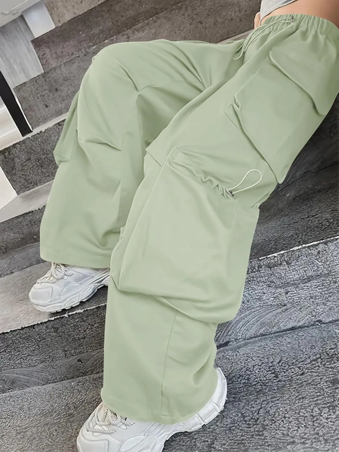 Girls Vintage Multiple Pockets Cargo Pants Wide-Leg Casual Straight Streetwear, 6-14 Years