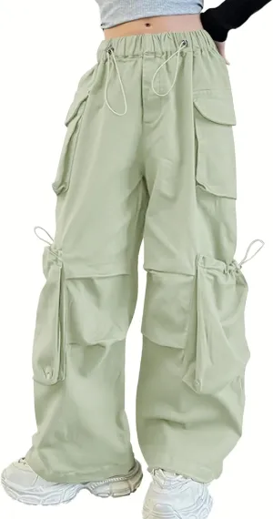 Girls Vintage Multiple Pockets Cargo Pants Wide-Leg Casual Straight Streetwear, 6-14 Years