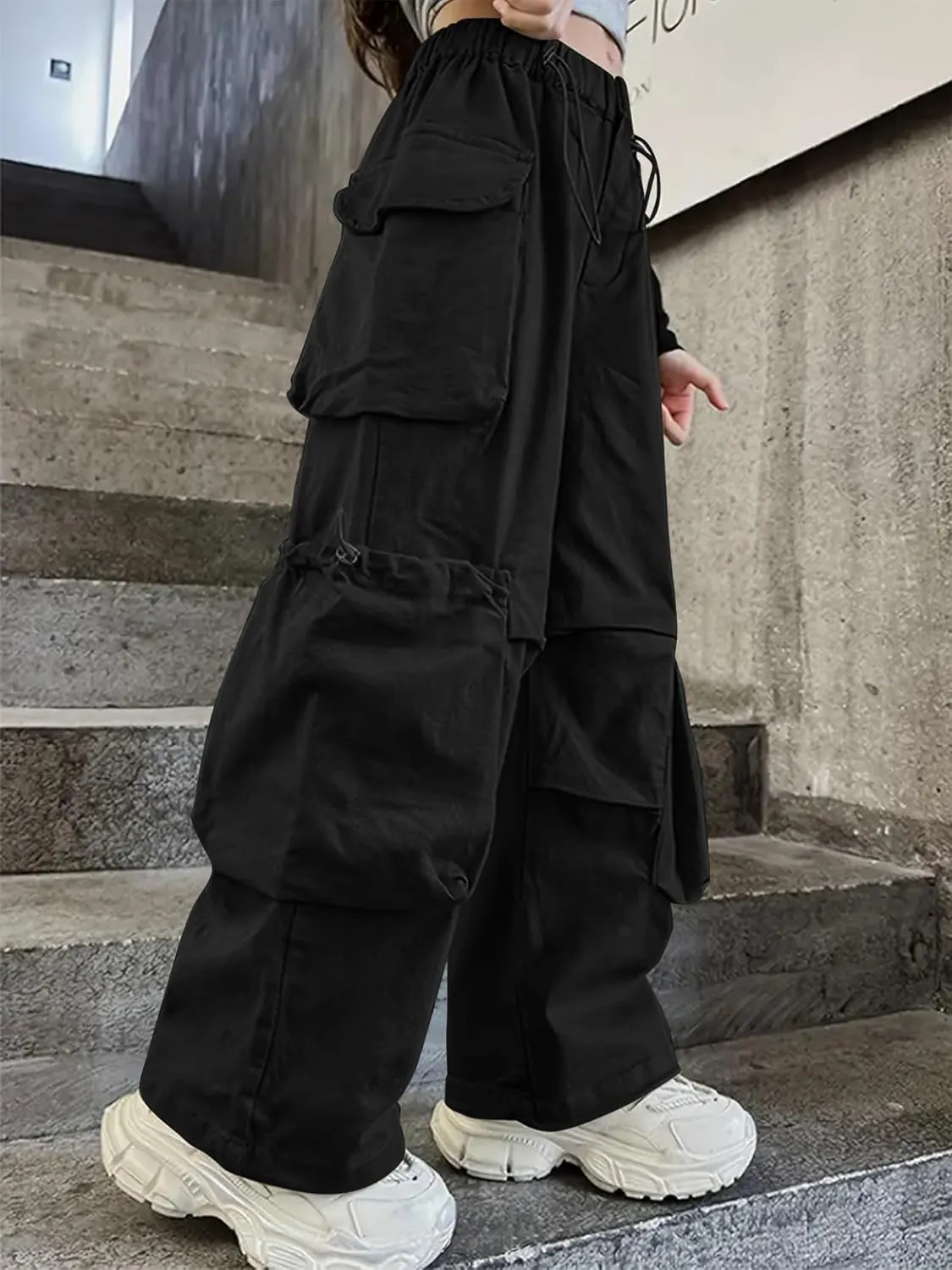 Girls Vintage Multiple Pockets Cargo Pants Wide-Leg Casual Straight Streetwear, 6-14 Years