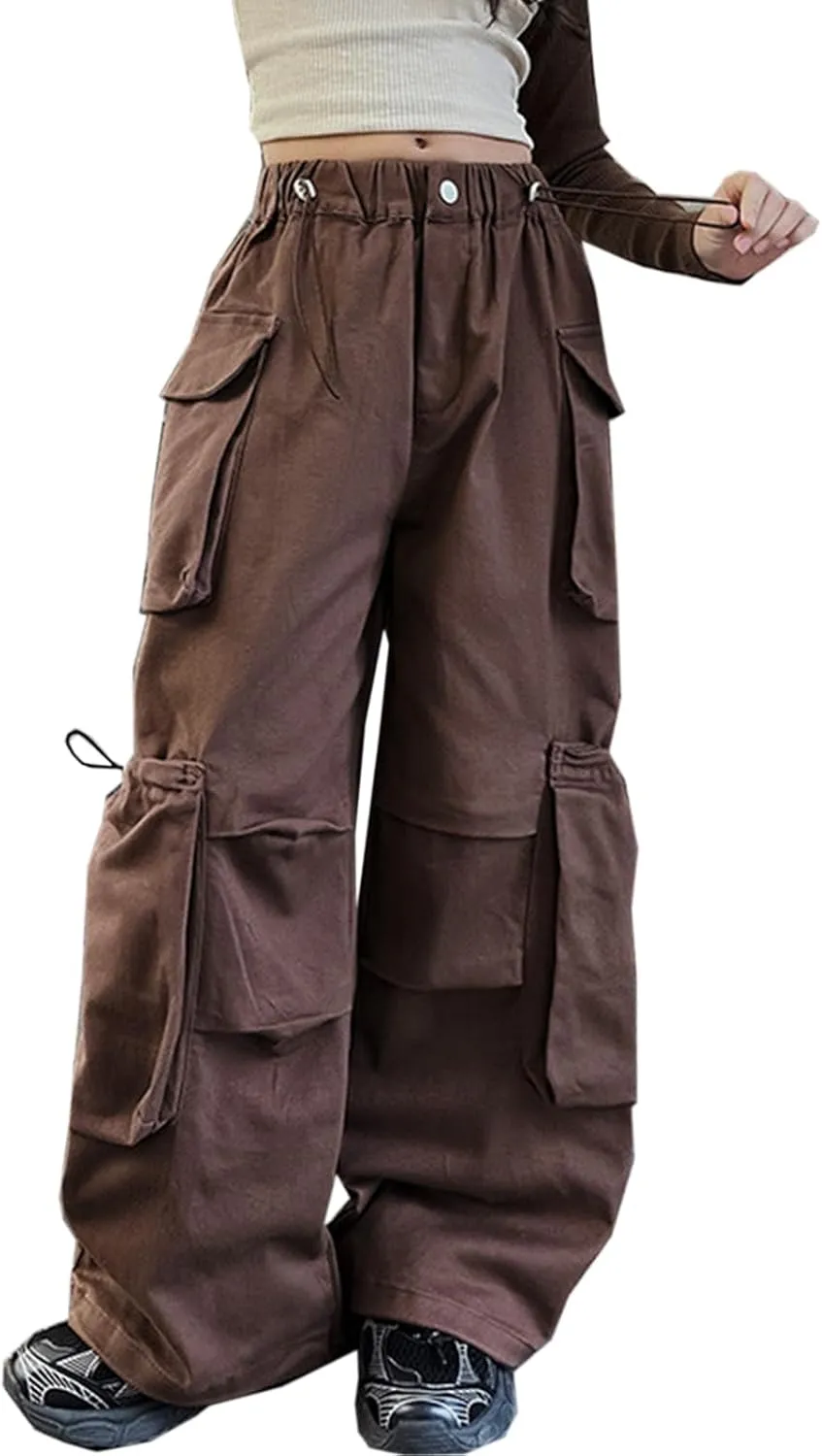 Girls Vintage Multiple Pockets Cargo Pants Wide-Leg Casual Straight Streetwear, 6-14 Years