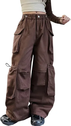 Girls Vintage Multiple Pockets Cargo Pants Wide-Leg Casual Straight Streetwear, 6-14 Years