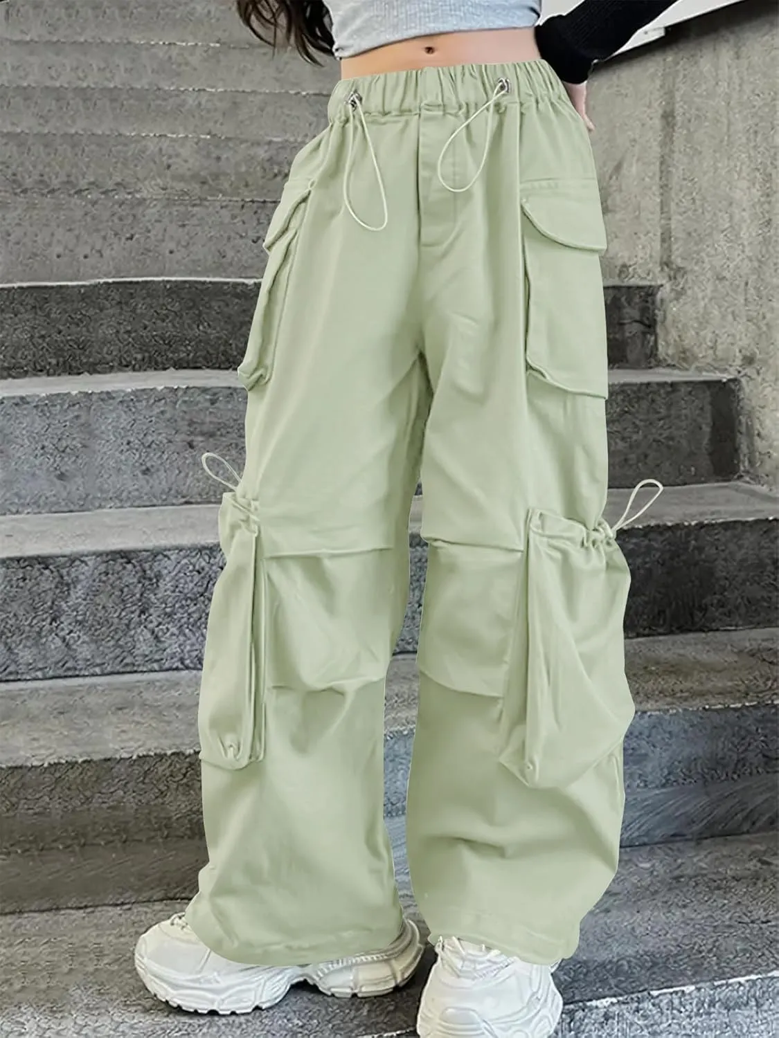 Girls Vintage Multiple Pockets Cargo Pants Wide-Leg Casual Straight Streetwear, 6-14 Years
