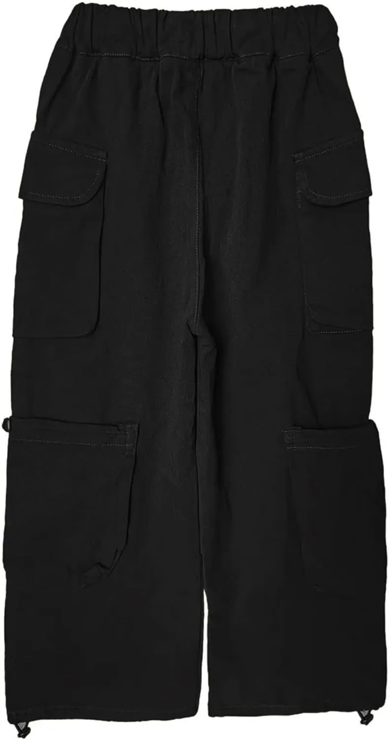 Girls Vintage Multiple Pockets Cargo Pants Wide-Leg Casual Straight Streetwear, 6-14 Years